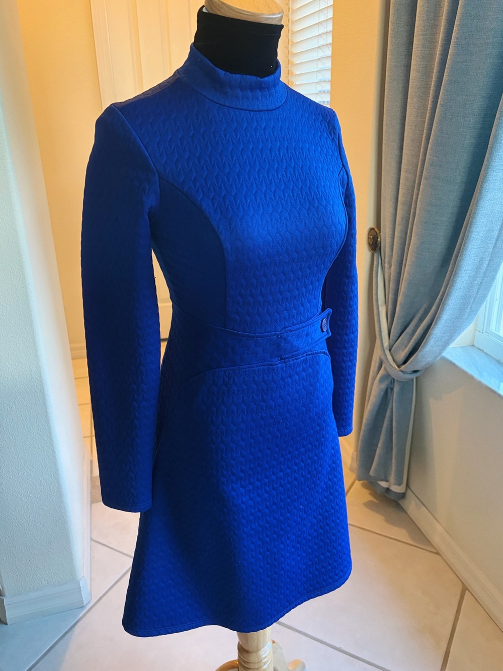 Modcloth Mod-Style Long-Sleeve Belted Sapphire Blue Dress